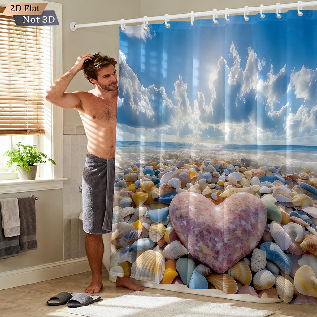 1Pc Seaside Love Reef Printed Waterproof Bathroom Partition Privacy Curtain With 12 Hooks Multiple Sizes Machine Washable
