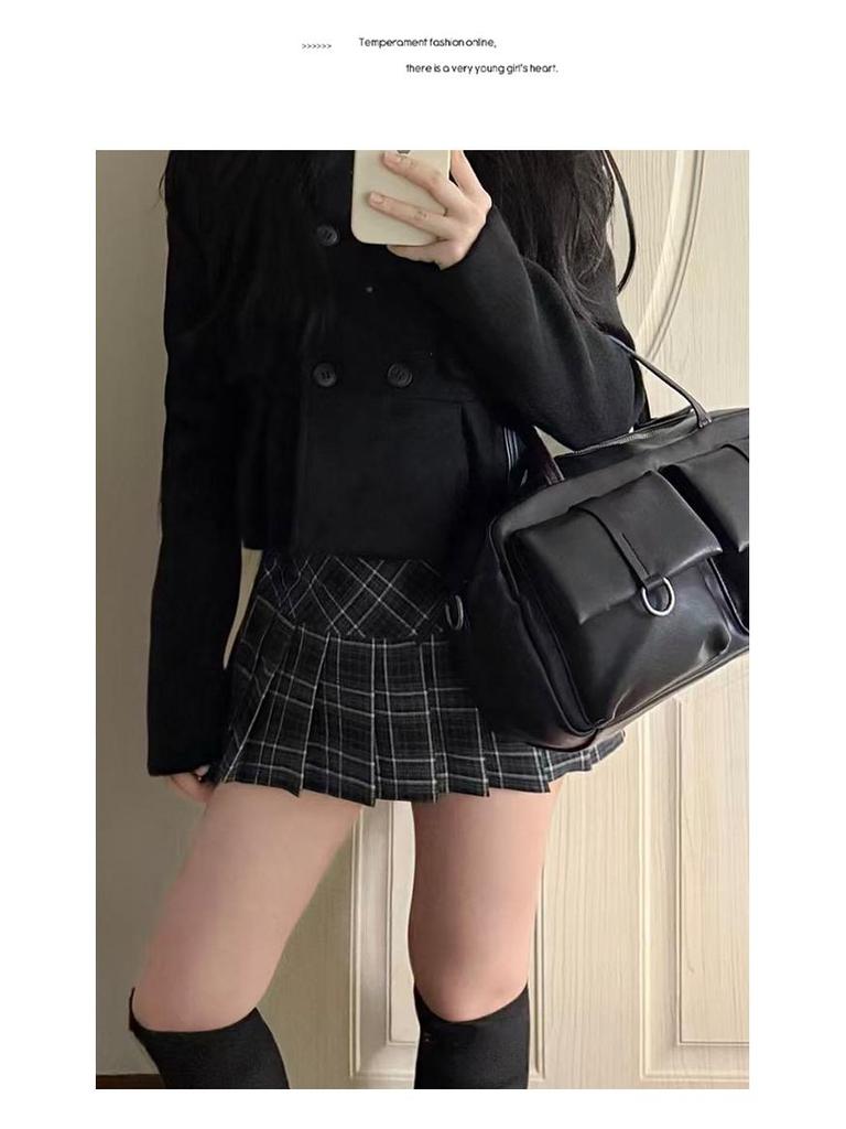 Women's Slimming High-Waist Retro Plaid Wool Skirt - Spring College Style A-Line Pleated Short Skirt