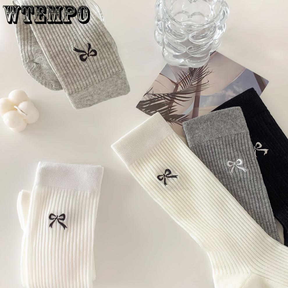 5pcs White Bow Socks Women Ballet Style Mid-calf Socks Summer Thin Stockings Cotton Stacked Socks