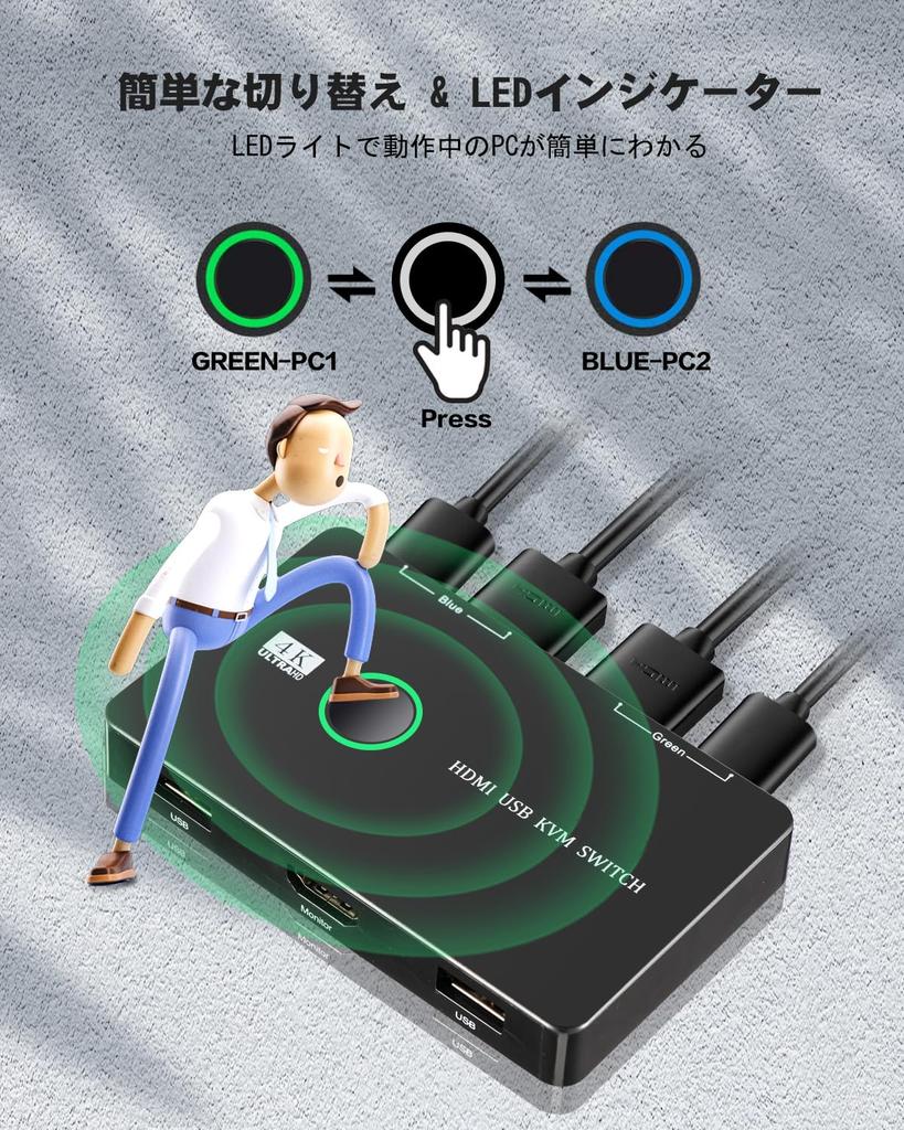 NUIKOTI HDMI KVM Switch - 2 Inputs, 1 Output, Supports 4K@60Hz, USB Switch for Two Computers, Shares Keyboard, Mouse, Printer and One HD Monitor, Incl