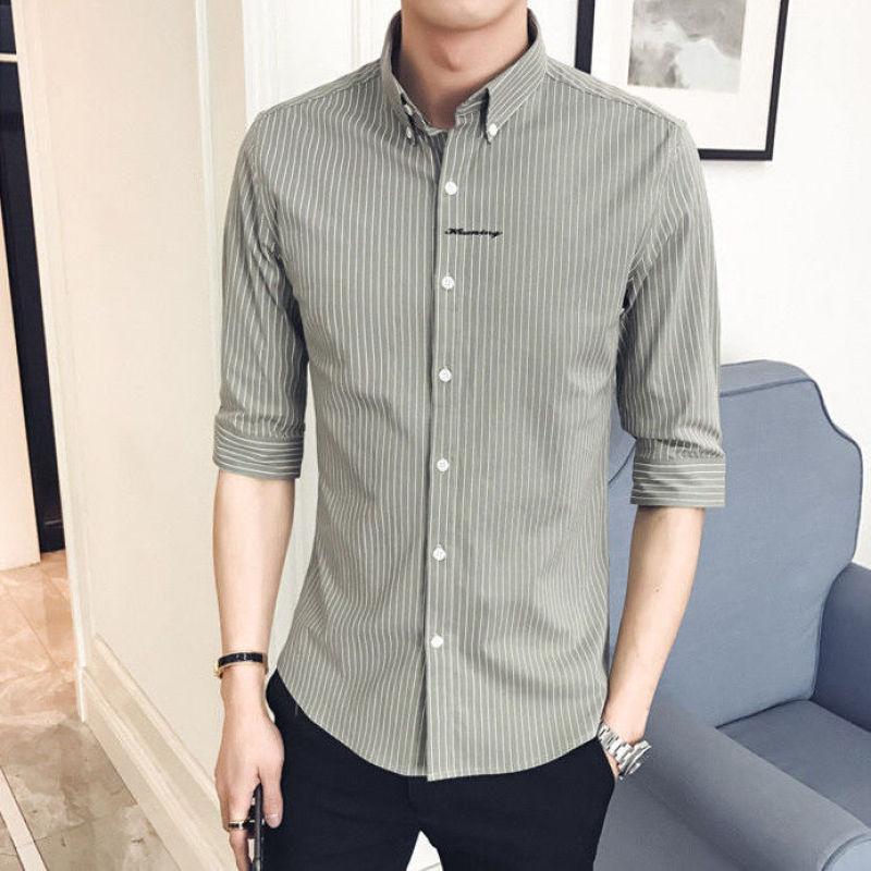 2024 New Summer Fashion Korean Version Trendy Lapel Stripes Casual and Handsome Slim Fit Men's Quarter Sleeved Shirt Shirt