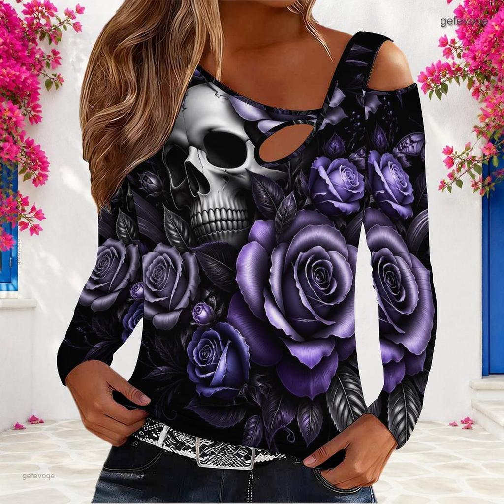 Women Plus Size Asymmetric Cutout Neck Cold Shoulder Fitted Long Sleeve Top Fire Motorcycle Printed Orange Black