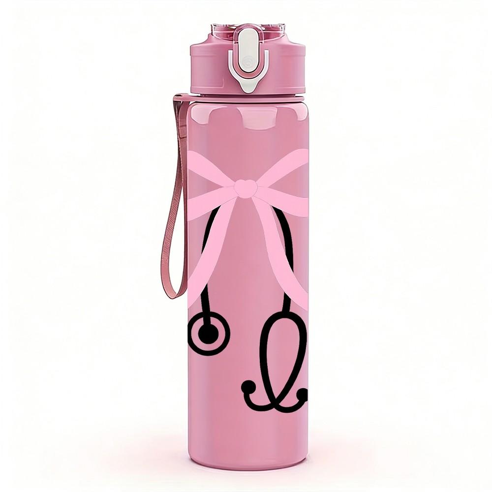 1PC Pink Bow Stethoscope 750ml Color Plastic Sports Water Bottle Leakproof Flip Straw Lid Suitable for Sports Office Home Use
