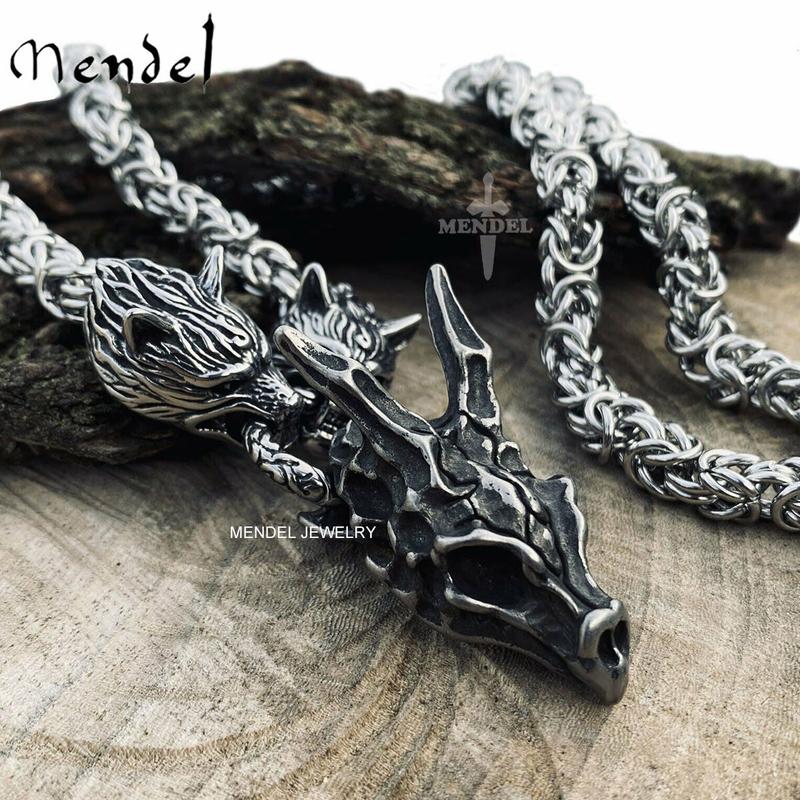 Mens Stainless Steel Heavy Wolf Dragon Skull Pendant Necklace Vintage Men holiday Gift
