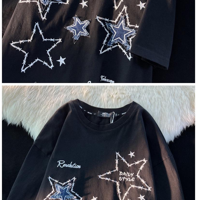 Unisex Embroidered Star Short-Sleeve T-Shirt, Pure Cotton, American Style, Trendy Loose Fit, Heavyweight Summer Tee