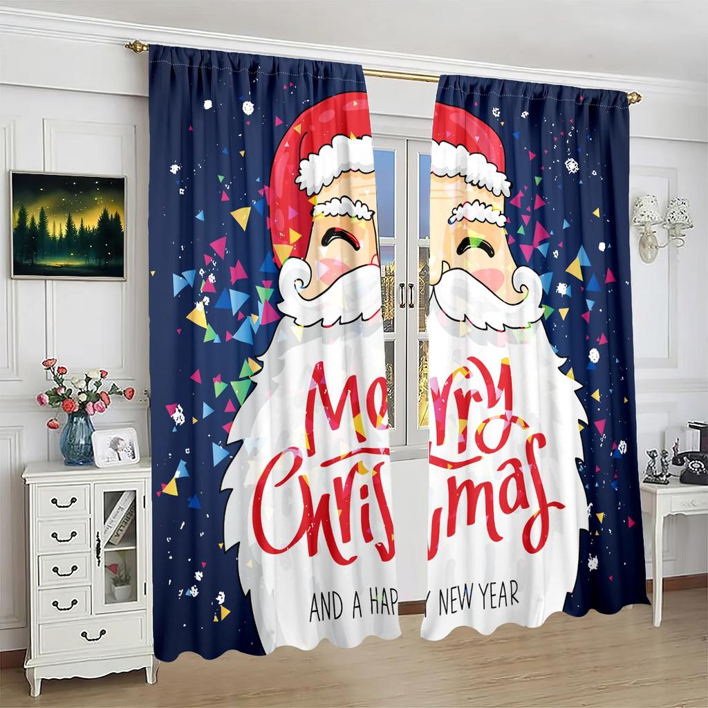 Set Of 2 White Beard Santa Claus Christmas Print Curtain Polyester Material Suitable Bedroom Living Room Study Ideal For Great