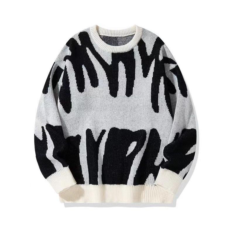 Fashion Loose Printed Knitted Sweater Autumn Korean Style Jacquard Knit Sweaters Casual Simple Round Neck Tops Pullover Casual Long Sleeve Clothing