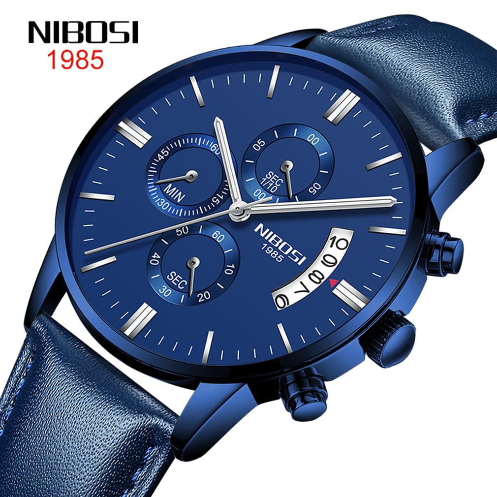 NIBOSI Watch Leather Strap Chronograph Waterproof Brand Analog Business Wristwatch Stylish Casual Big Face Watch Luxury Gift Blue Watch for Men Men's