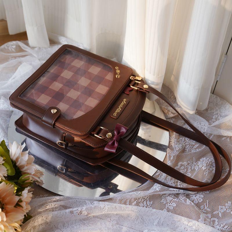

Crossbody Shoulder Satchel Plaid Young Adult Large Capacity Cartoon Backpack Brown (presale)