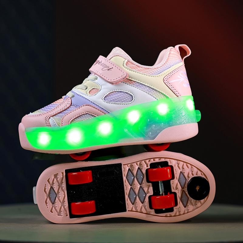 

Kid s Luminous Sneakers Boys /Girls USB Charging Glowing Wheels Parkour Roller Skate Shoes Usb for Kids Glowing Sneakers with Charging 29 розовый