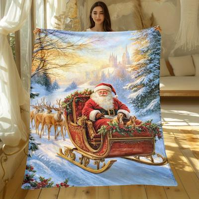 Santa Claus Reindeer Sleigh Christmas Flannel Blanket Holiday Scene Art Print Soft Cozy Throw Cover Xmas Gift forFamilyHomeDecor