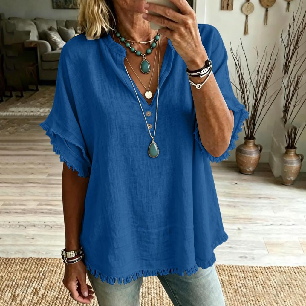 Women Casual V Neck Shirt Fringe Trim Short Sleeve Blouse Button Detail Loose Fit Top for Everyday Wear