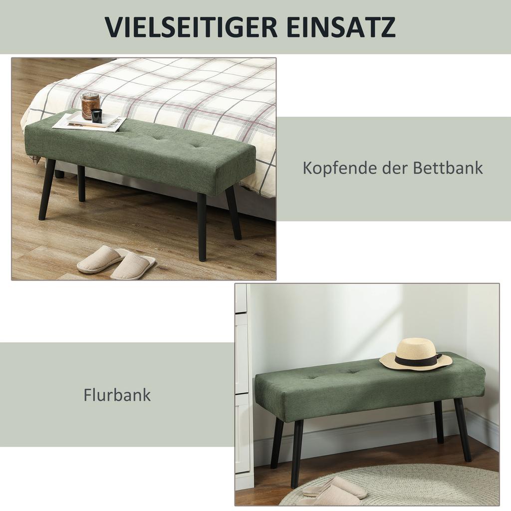 Bench Upholstered Bench with Corduroy Cover, Bed Bench with Metal Legs, Shoe Bench 100 x 36 x 45 cm Green