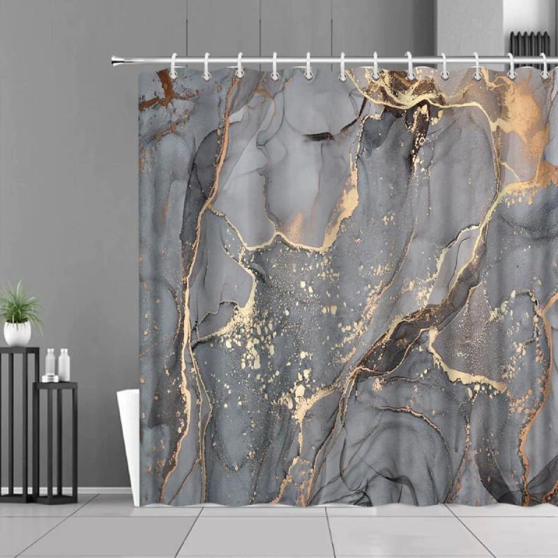 Grey Fashionable Golden Marble Patterned Bathroom Shower Curtain Waterproof