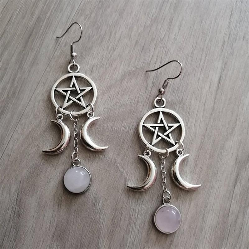 New Pentagram Triple Moon Purple Stone Earrings Natural Stone Earrings