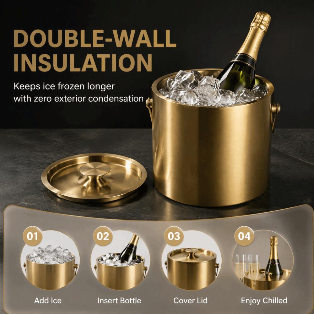Double-Wall Stainless Steel Ice Bucket With Lid Champagne Beverage Tub  Wine Chilling