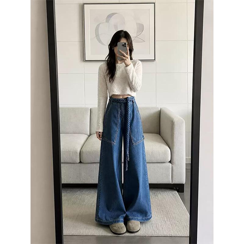 Autumn high-waisted denim wide-leg pants women's drape floor pants show thin and high loose straight versatile casual pants