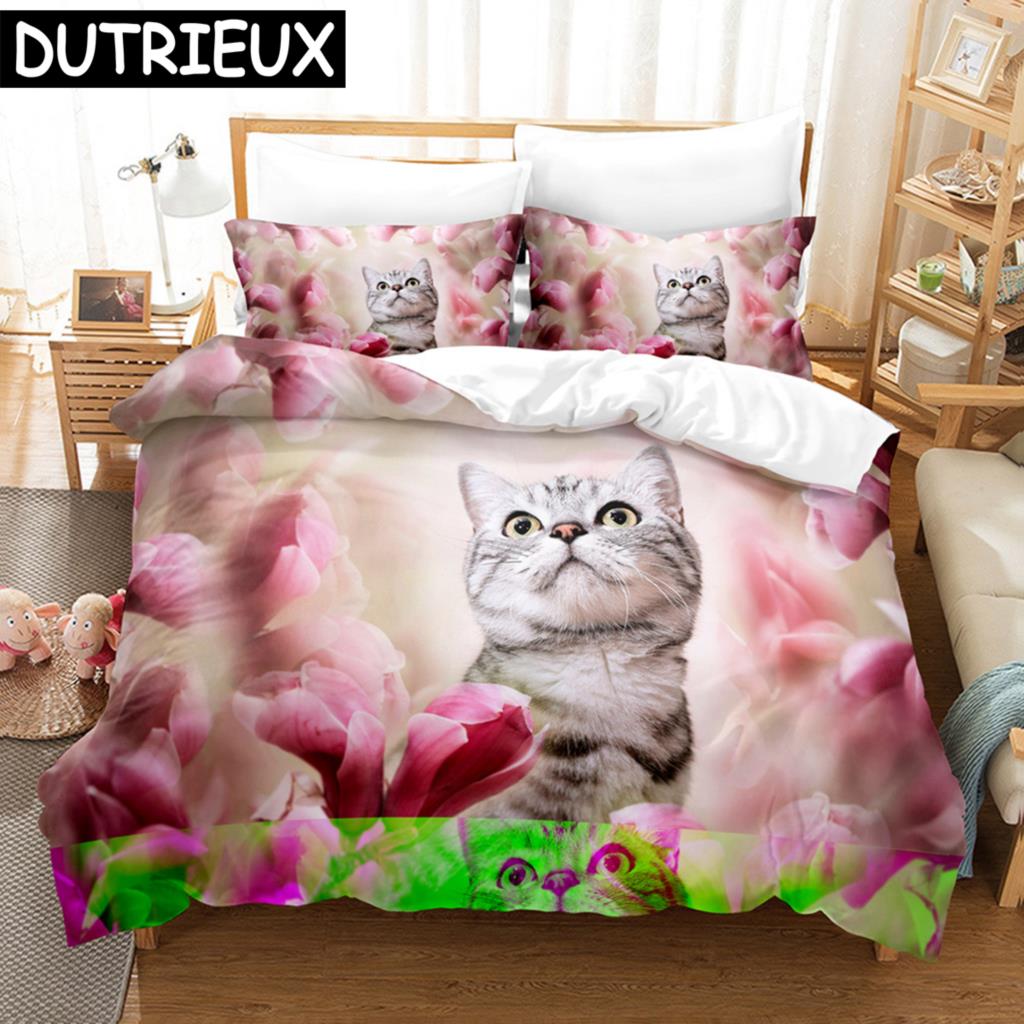 3D Cat Bedding Set Scottish Fold Lovely Cats Printed Comforter Duvet Cover Queen King Single Size Home Textile Bedroom Decor