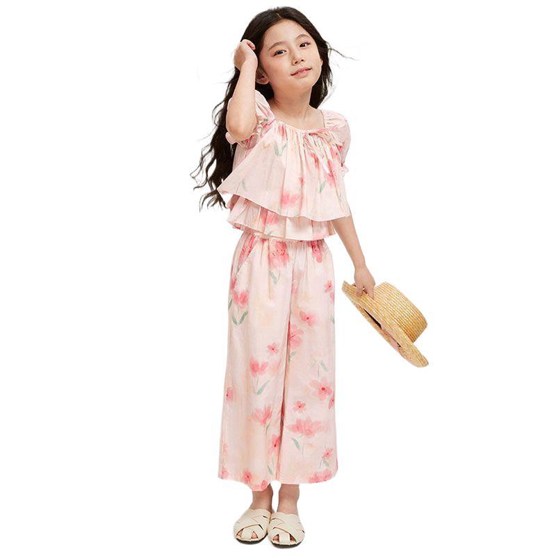 Girls Summer Floral Short Sleeve Wide Leg Pants Set Sweet Princess