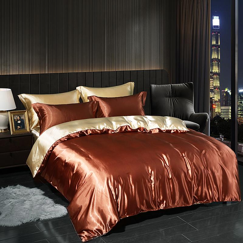 Luxury Satin Bedding Set with Flat Sheet Duvet Cover High End Bedding Set High Density Satin Solid Color Bedding
