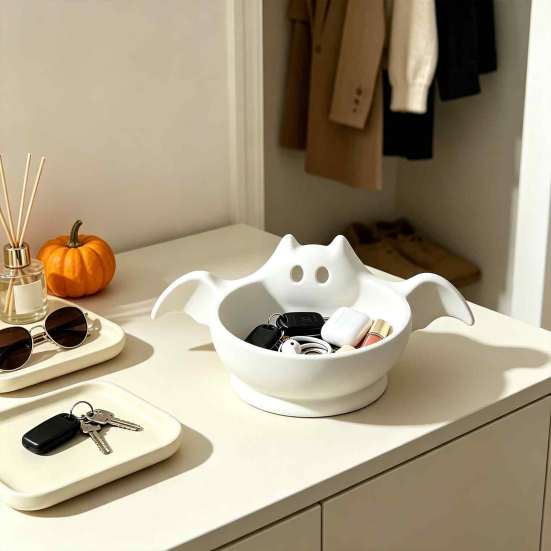 Cute Ghost Figurine Bowl Halloween Candy Bowl, Bat Shape Ceramic Serving Dish, Themed Store Window Display Tabletop Decoration for Party