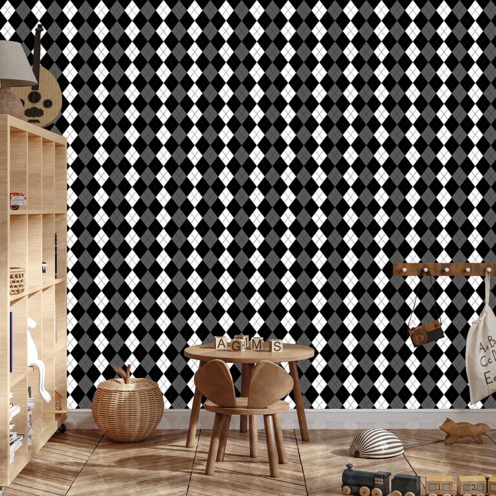 Black and white checkered wallpaper, graphite and black, for living room and bedroom, 50x1000