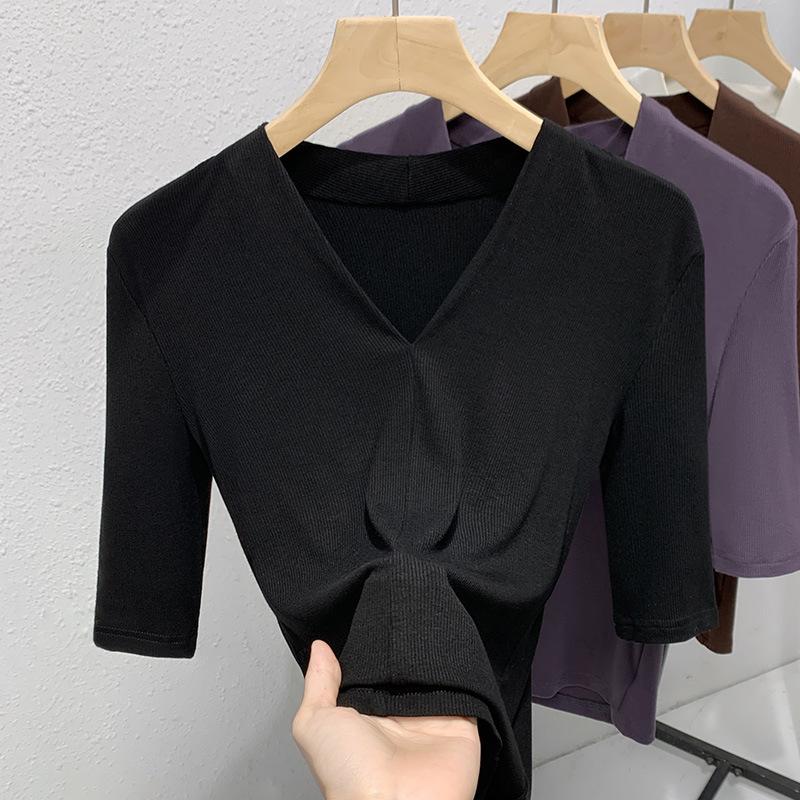 Women's New Women's Clothing Style V-neck Half-sleeved T-shirt Waist-retracting Elastic Solid Color Top