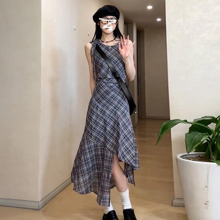 Women's Summer Plaid Vest Dress - American Street Style, Niche Design, Mid-Length Irregular Skirt