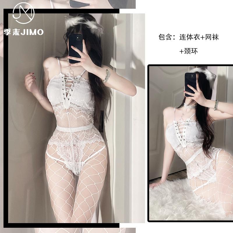 Sex underwear, sexy transparent lace one-piece clothes, free-to-take open crotch uniform temptation suit, hollow