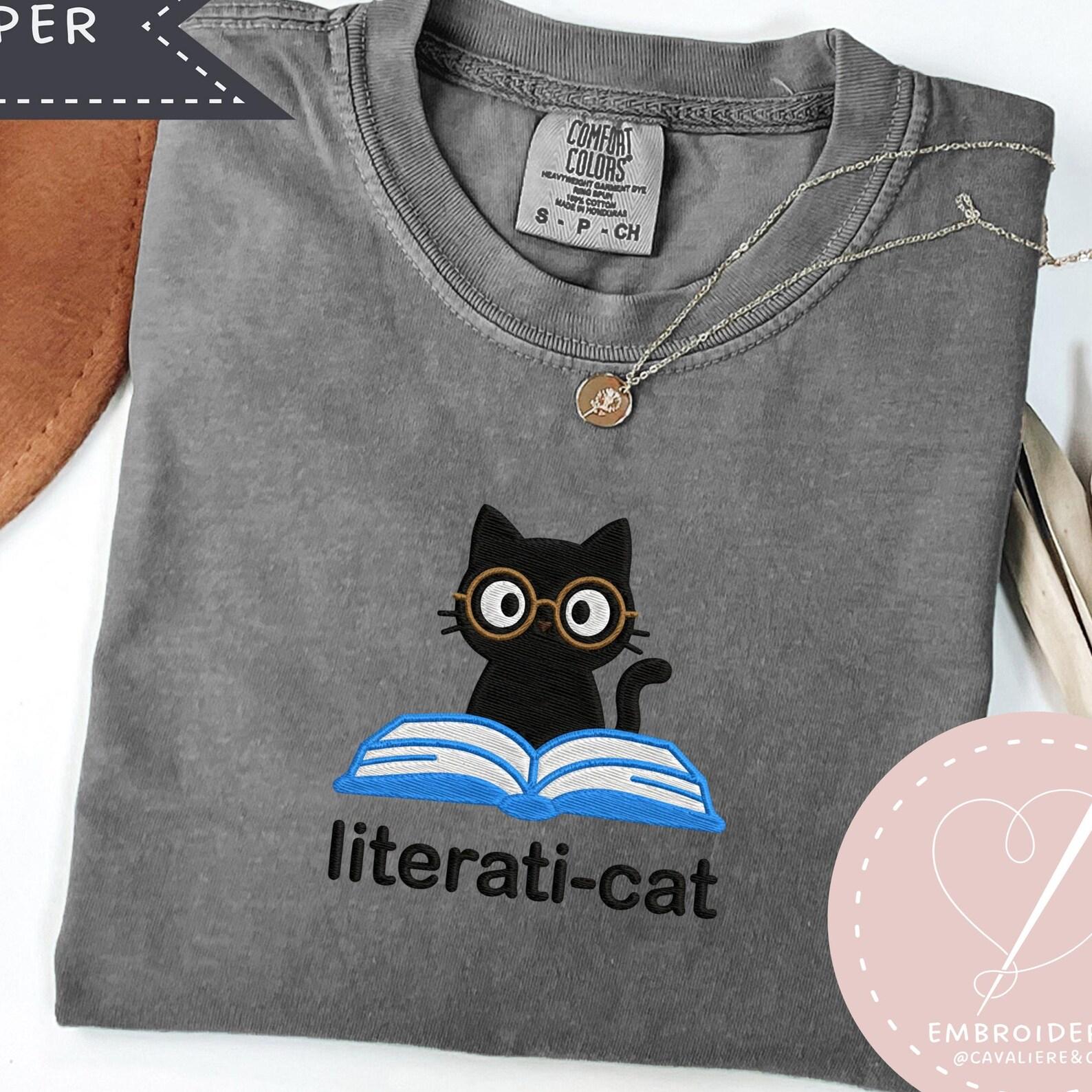 Literati-Cat Embroidered Tee, Adorable Black Cat Lover Gift, Cute Comfort Colors Shirt for Book Lovers S