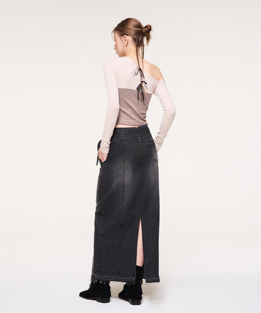 Etmont Wide Belt Long Denim Skirt, Black