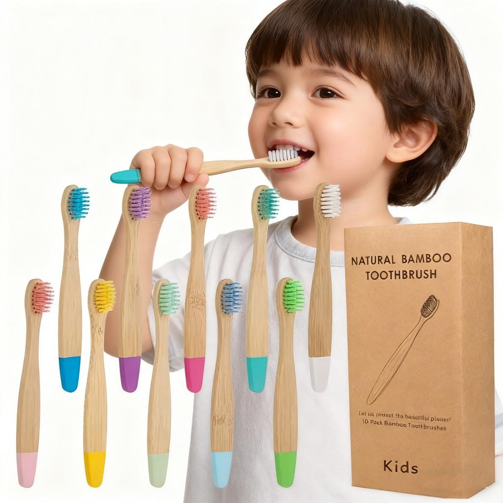 New Eco Organic Children's Bamboo Toothbrush, 10 Pack,Ten Colors Soft Fibre Bristles, 100% Biodegradable Handle Eco BPA Free
