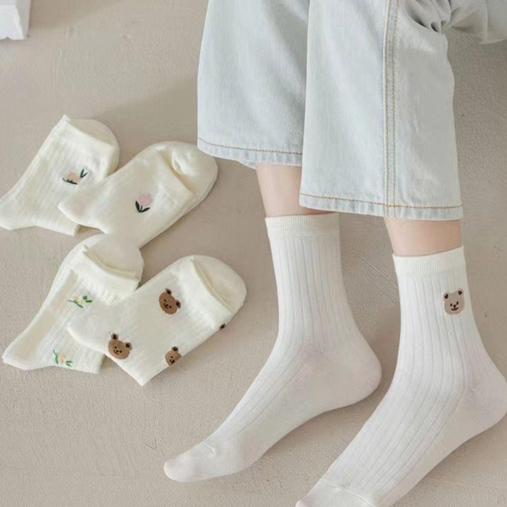 

Thin Flower Ankle Socks Mid-calf Summer Tube Socks Fashion Embroidery Bear socks Streetwear Style A