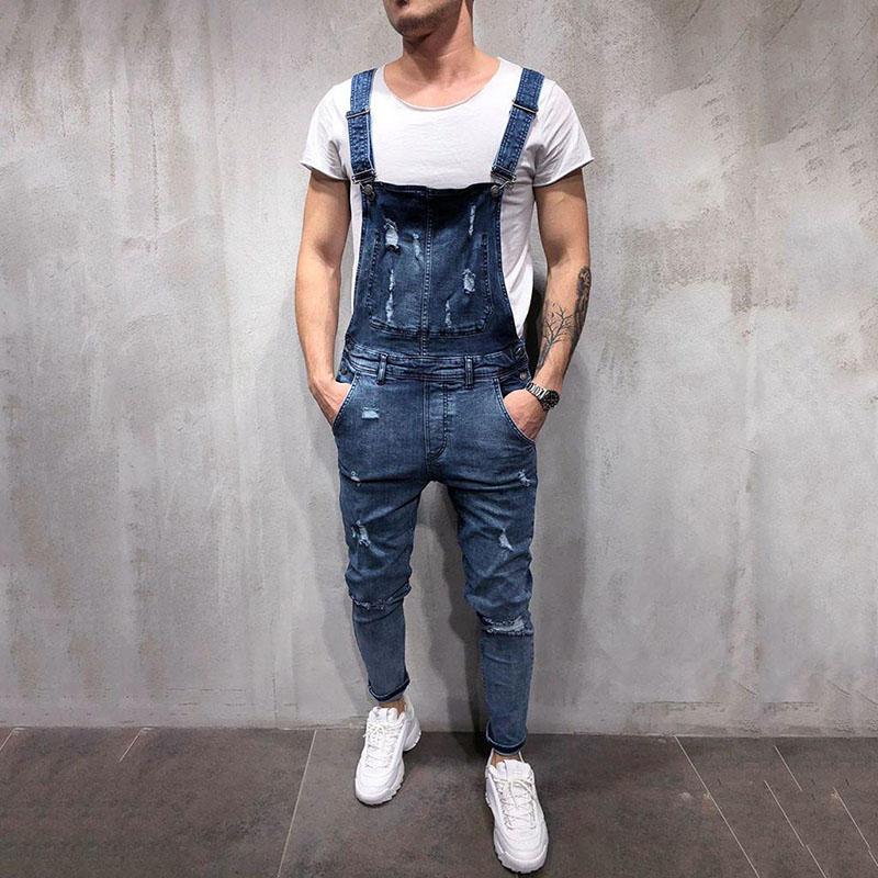 Men's Casual Denim Overall Jumpsuit Jeans Wash Broken Trousers Suspender Pants Big Pocket SH