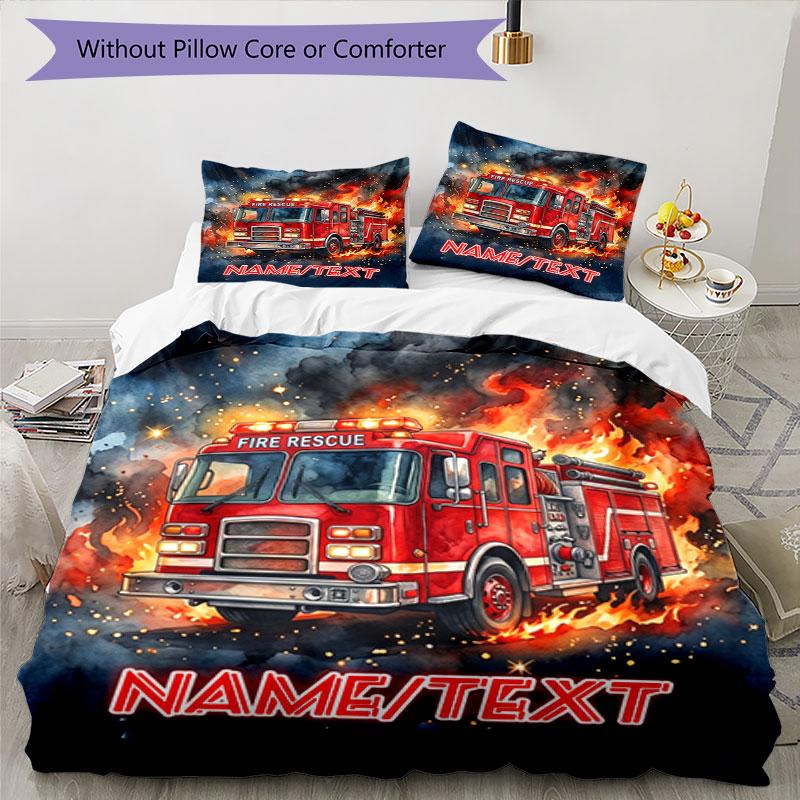 3PC Custom Name Fire Truck Courage Bedding Set Duvet Cover Closure Includes 1 Duvet Cover & 2 Pillowcases for Bedroom