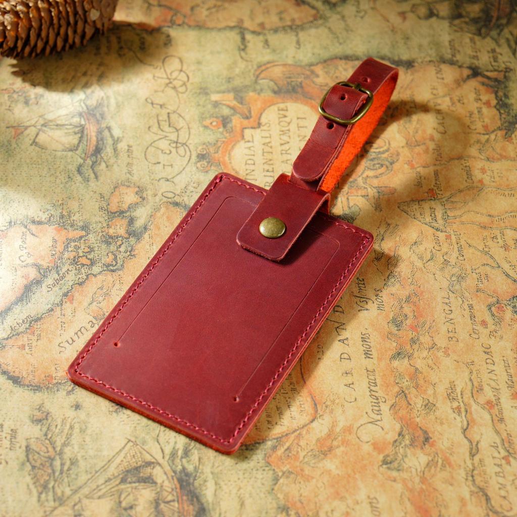2025 Vintage Genuine Leather Luggage Tag Rectangle Travel Hang Tag Personalized Check-in Card Holder for Airplane/Business Trips