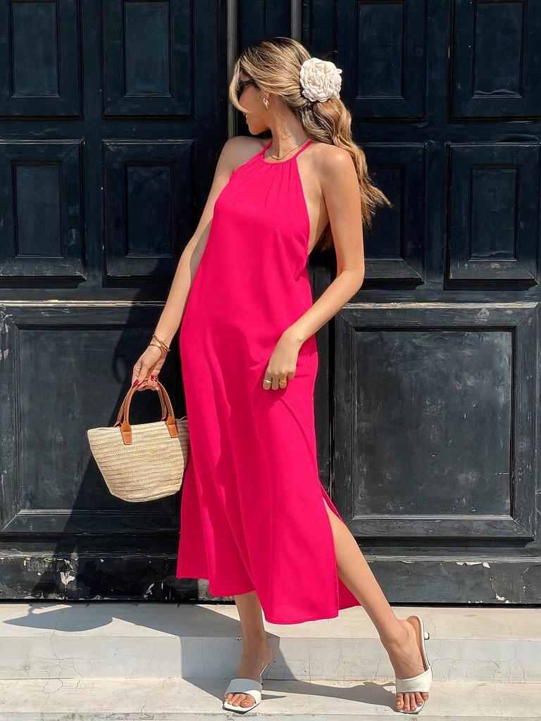 2026 new women's clothing halter neck halter lace-up dress summer seaside vacation style split-ended long dress
