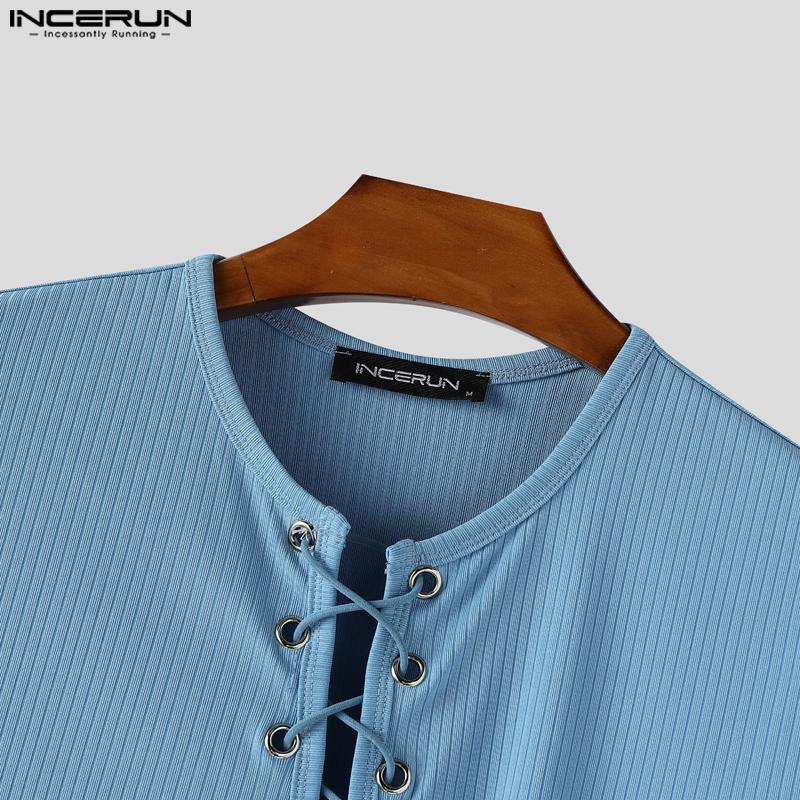 INCERUN Men Short Sleeve Side Lace-up Casual Fitted Rib T-shirts Tops