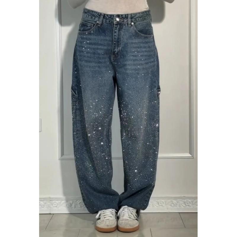 Damskie Jeansy Baggy z Szerokimi Nogawkami na Wiosnę z Błyszczącymi Dżetami Szerokie Nogawki Długie Spodnie Jeansowe Vintage Spodnie Spierane Spodnie Codzienne