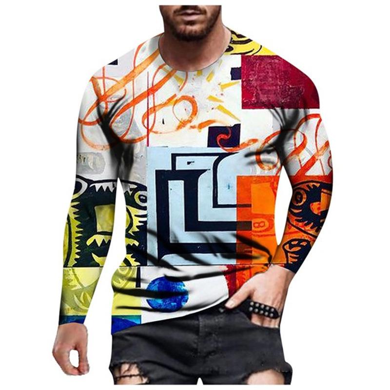Spring and Autumn Round Neck 3D Graffiti Maker Printed Top Fashionable Casual Long Sleeved Men's T-shirts
