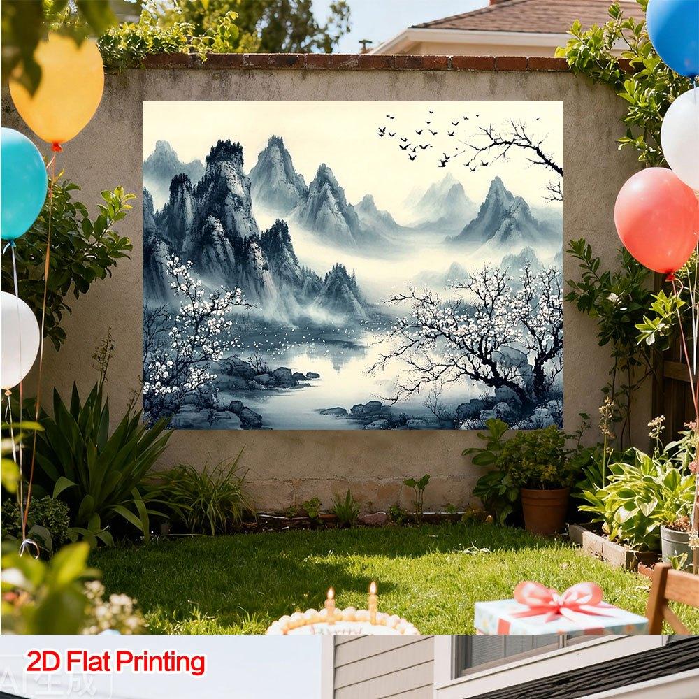 One 2D Chinese ink landscape photo background fabric, made of polyester fabric, suitable for use in homes, gardens or studios.