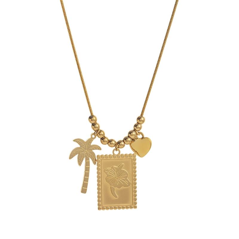 Fashionable Gold Plated Coconut Tree Necklace Stainless Steel Chain With Floral Accent Jewelry For Daily Wear