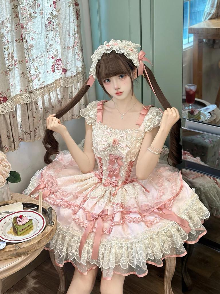 Jundakara Lolita Cosplay Costume JSK Dress with and French Mori Princess Korean Size L 3-Piece Set, Ribbon, Ruffles, Lace-Up Detail, Cute, Dreamy,