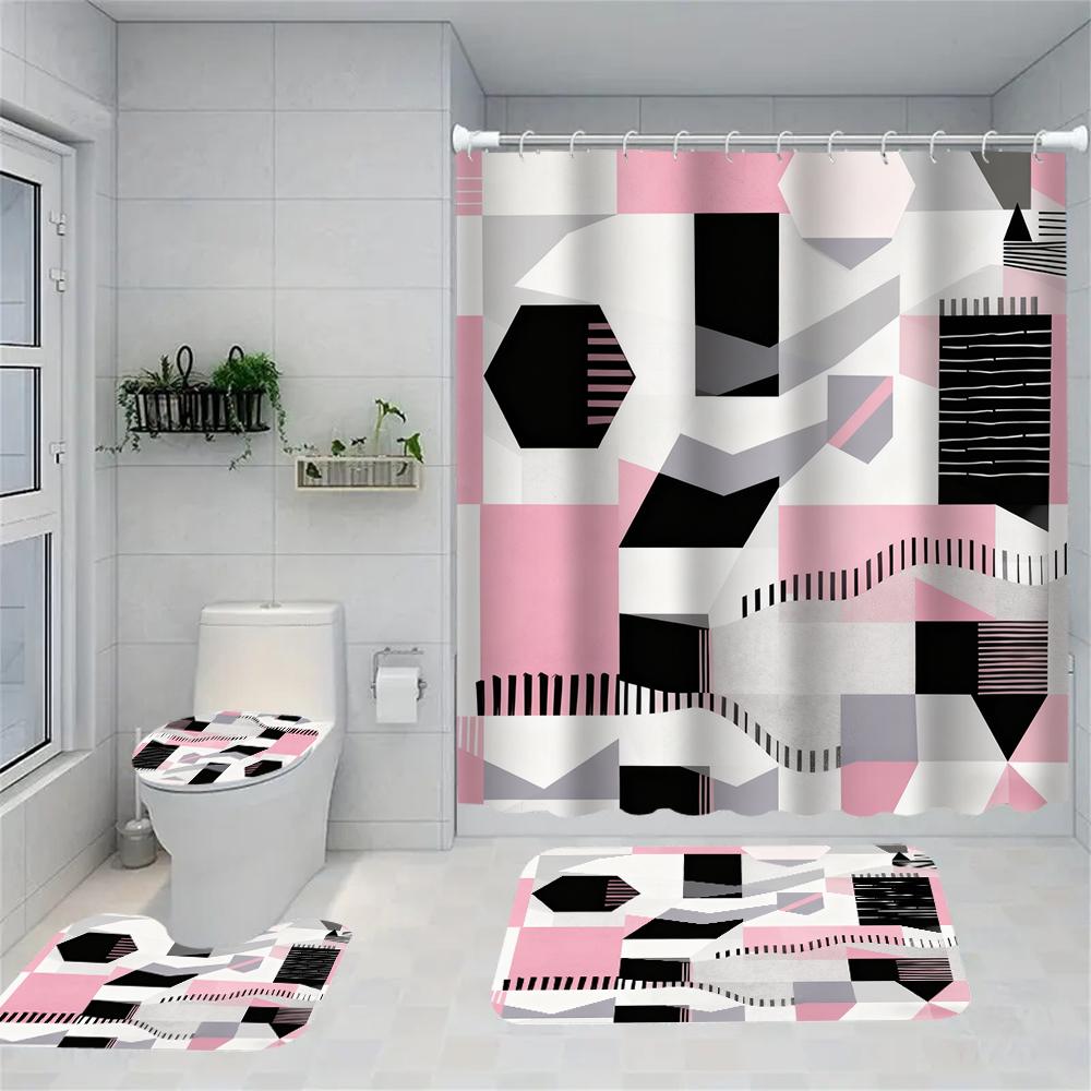 1/4 Geometric grid  print shower Curtains, Toilet Seat Decoration, Shower Curtain with Carpet and Toilet Lid, 70.8x70.8 inch
