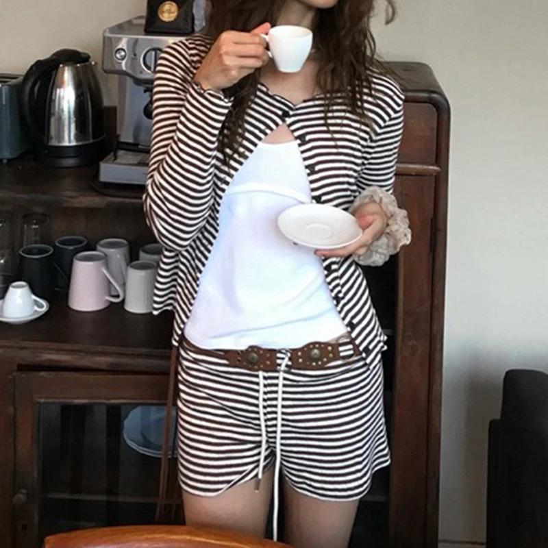 Korean Autumn Striped Two-Piece Set: Round Neck Button-Down Long Sleeve Top & Low Rise Shorts for Women