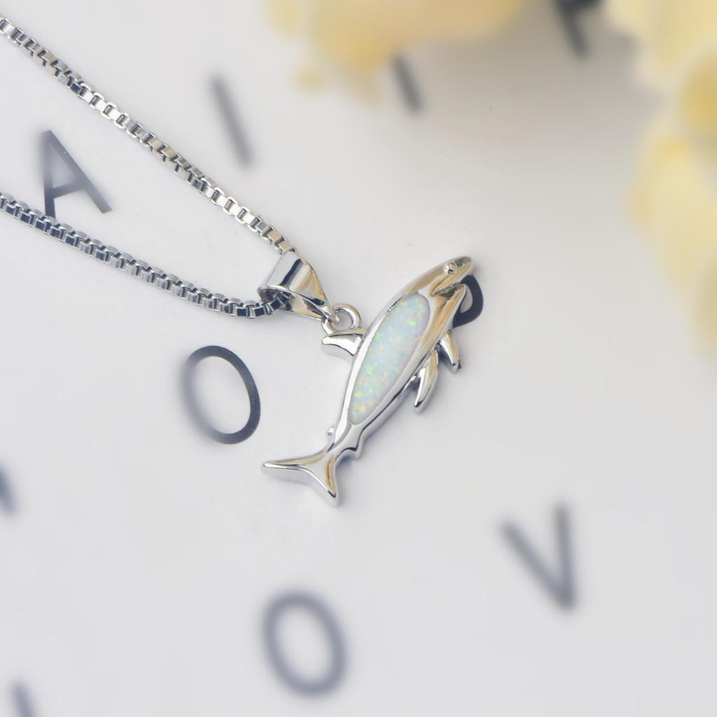 Dainty Blue Opal Shark Pendant Necklace with Sweater Chain