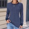 Women's Fashion Casual Striped Print Pleated Comfortable Round Neck Loose Long Sleeve T-shirt Top
