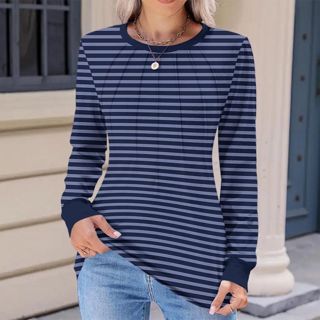 Women's Fashion Casual Striped Print Pleated Comfortable Round Neck Loose Long Sleeve T-shirt Top