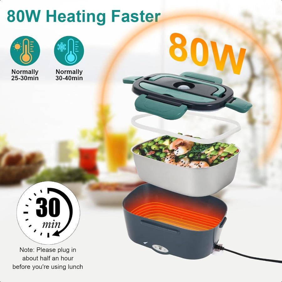 Electric Lunch Box Food Heater 80W Portable Warmer for Car Truck Work with 304 Stainl Steel Container 12V 24V 110V Green Heated