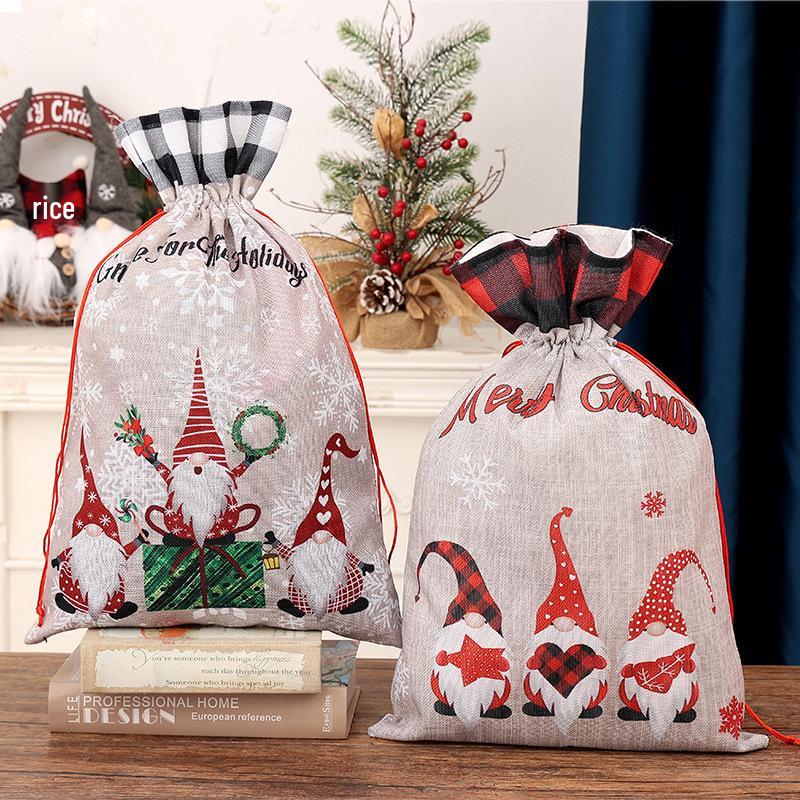 Plaid-Edged Burlap Christmas Gift Bag with Cartoon Forest Old Man Design